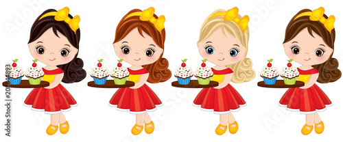 Vector Cute Little Girls Holding Trays with Cupcakes