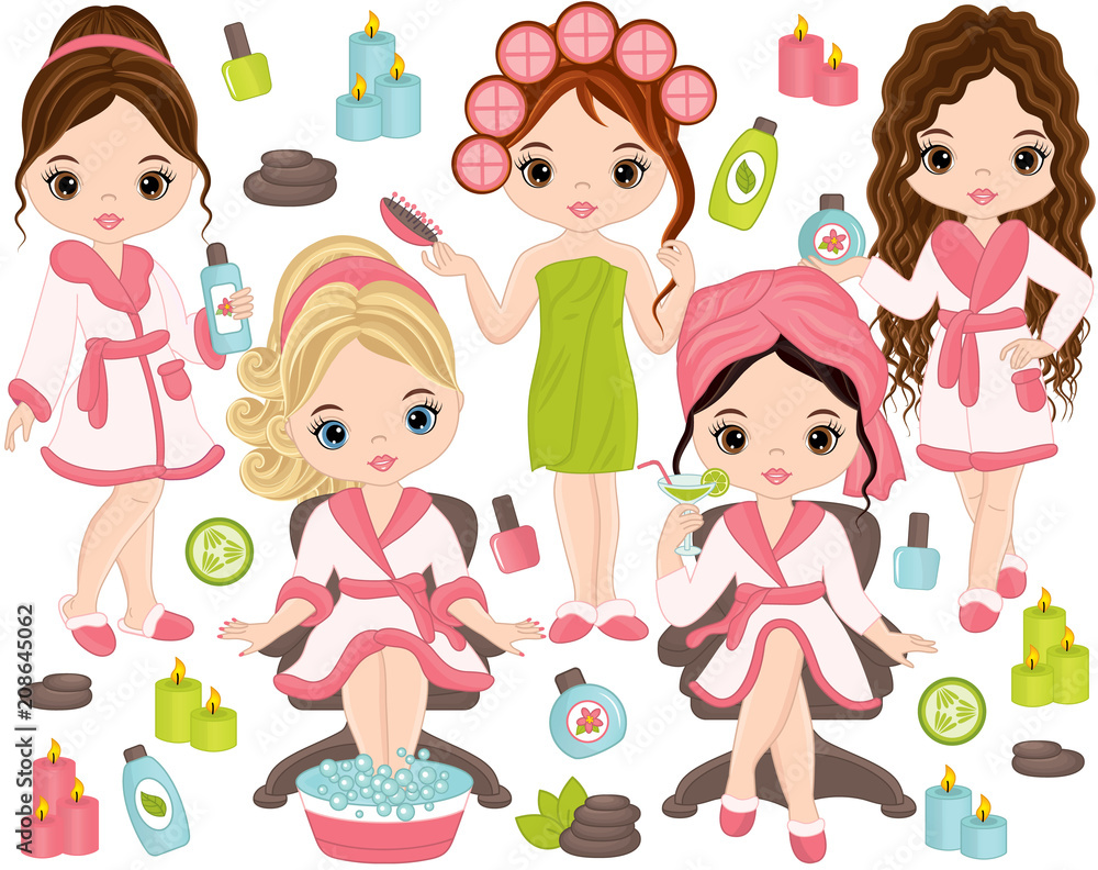 Fototapeta Vector Spa Set with Young Girls and Spa Elements