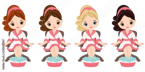 Vector Beautiful Young Girls Doing Pedicure in Spa Salon