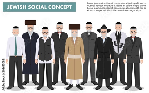 Family and social concept. Group senior jewish men standing together in different traditional clothes in flat style. Old israel people. Differences Israelis in the national dress. Vector illustration.