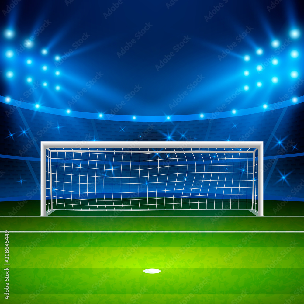 Soccer stadium. Green football field on stadium, arena in night illuminated bright spotlights. Vector illustration