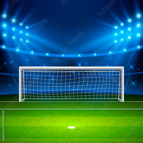 Soccer stadium. Green football field on stadium, arena in night illuminated bright spotlights. Vector illustration