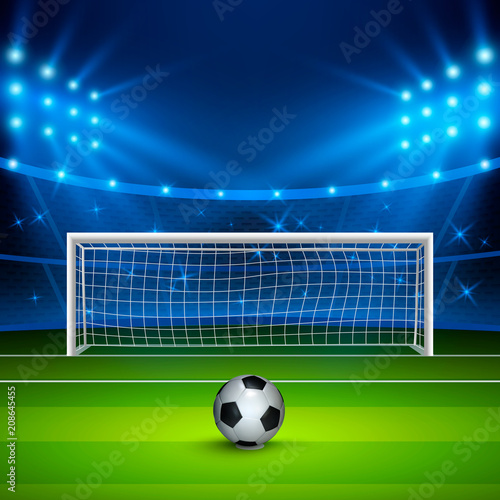 Soccer ball on green football field on stadium, arena in night illuminated bright spotlights. Vector illustration