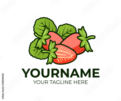 Strawberry, berries strawberries and leaf or leaves, logo template. Fruit, natural and organic food, product, vector design. Agriculture, farming, farm and nature, illustration