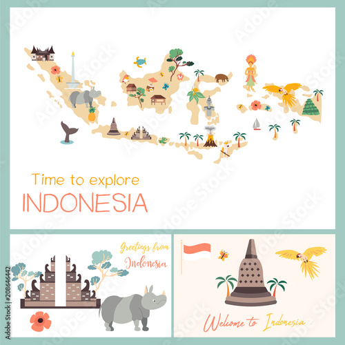 Indonesian map with animals and landmarks