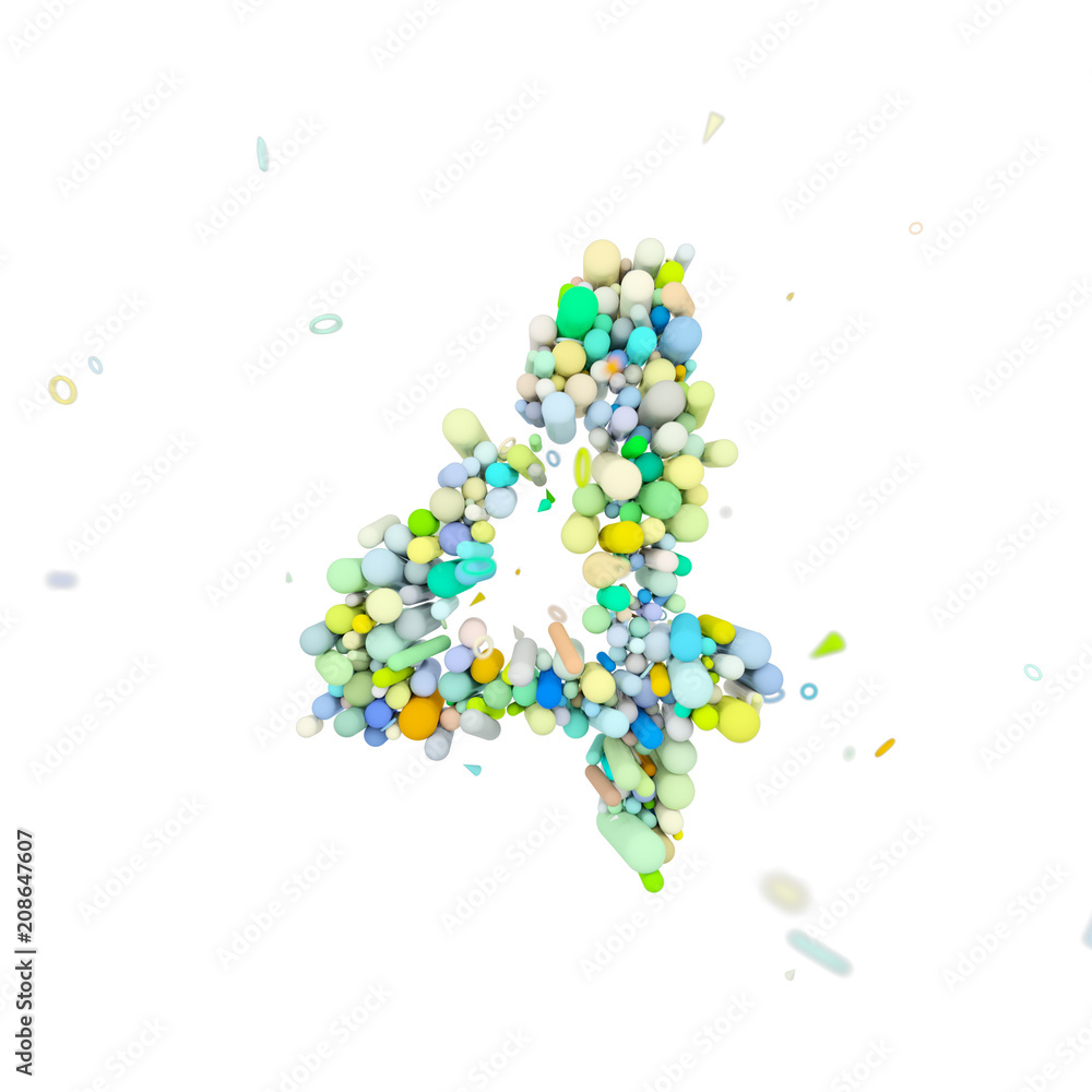 Alphabet number 4. Funny font made of plastic geometric shapes. 3D render isolated on white background. Alphabet number 4. Funny font made of plastic geometric shapes. 3D render isolated on white background.