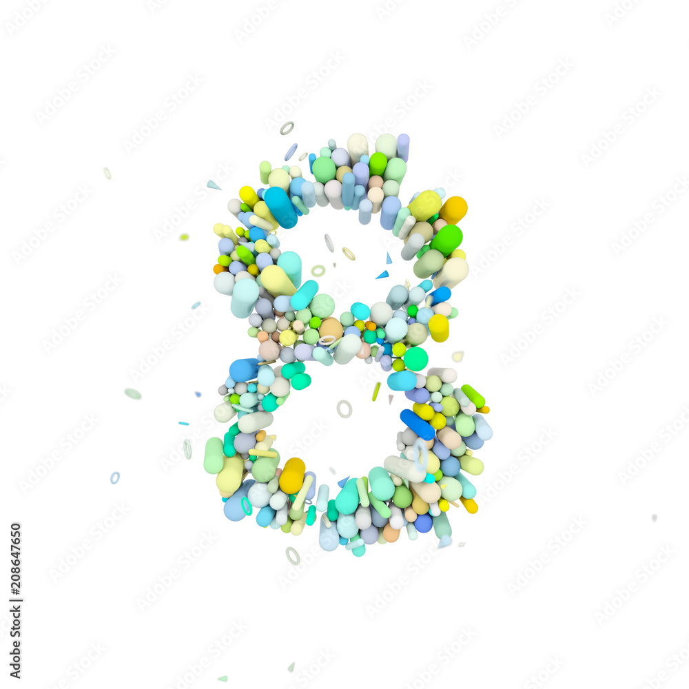 Alphabet number 8. Funny font made of plastic geometric shapes. 3D render isolated on white background. Alphabet number 8. Funny font made of plastic geometric shapes. 3D render isolated on white background.
