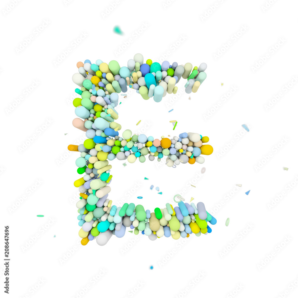 Alphabet letter E uppercase. Funny font made of plastic geometric shapes. 3D render isolated on white background.