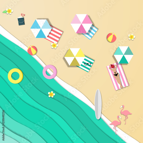 top view beautiful beach background , ocean or sea of summer beach in paper craft style.paper cut style. vector.