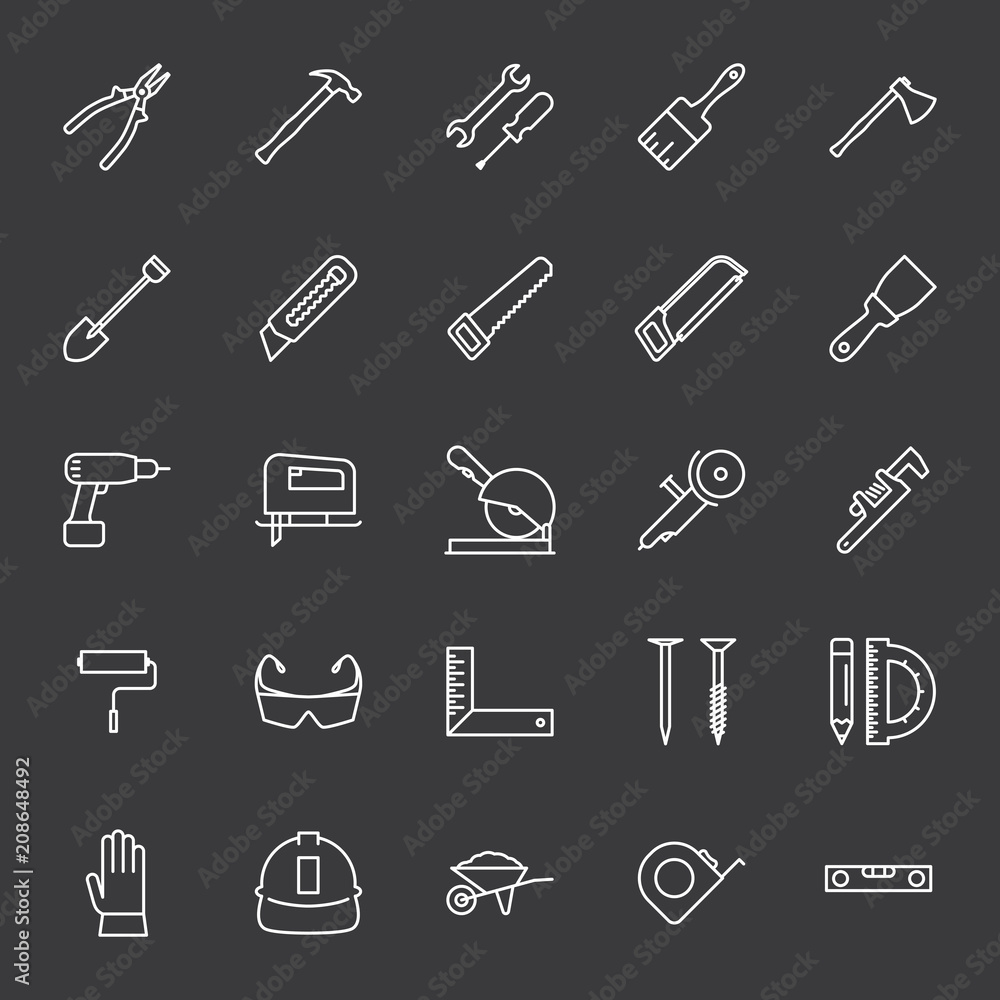 line construction tools icons set on dark background line construction tools icons set on dark background