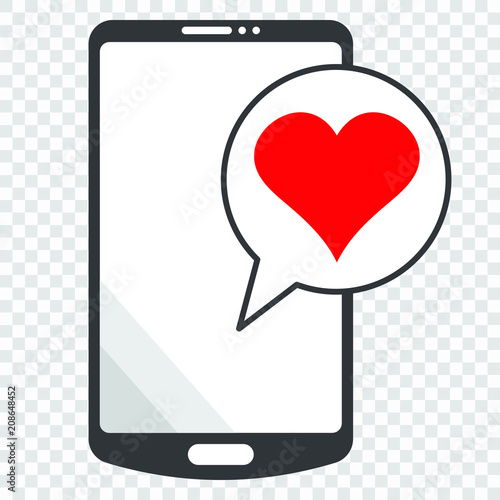 Smartphone with heart in a speech bubble, mobile phone and love message.