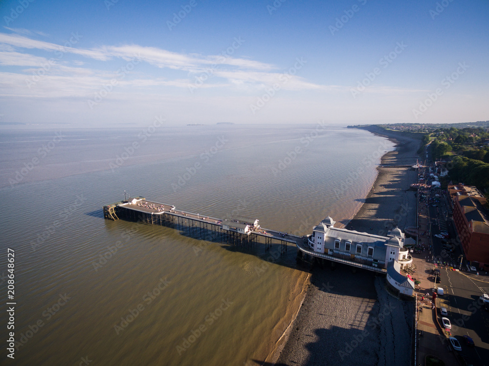 Aerial view of Summer at Penarth Pier. Penarth is a coastal town in South Wales, UK, near Cardiff the capital of Wales. The pier is a fine example of Victorian architecture