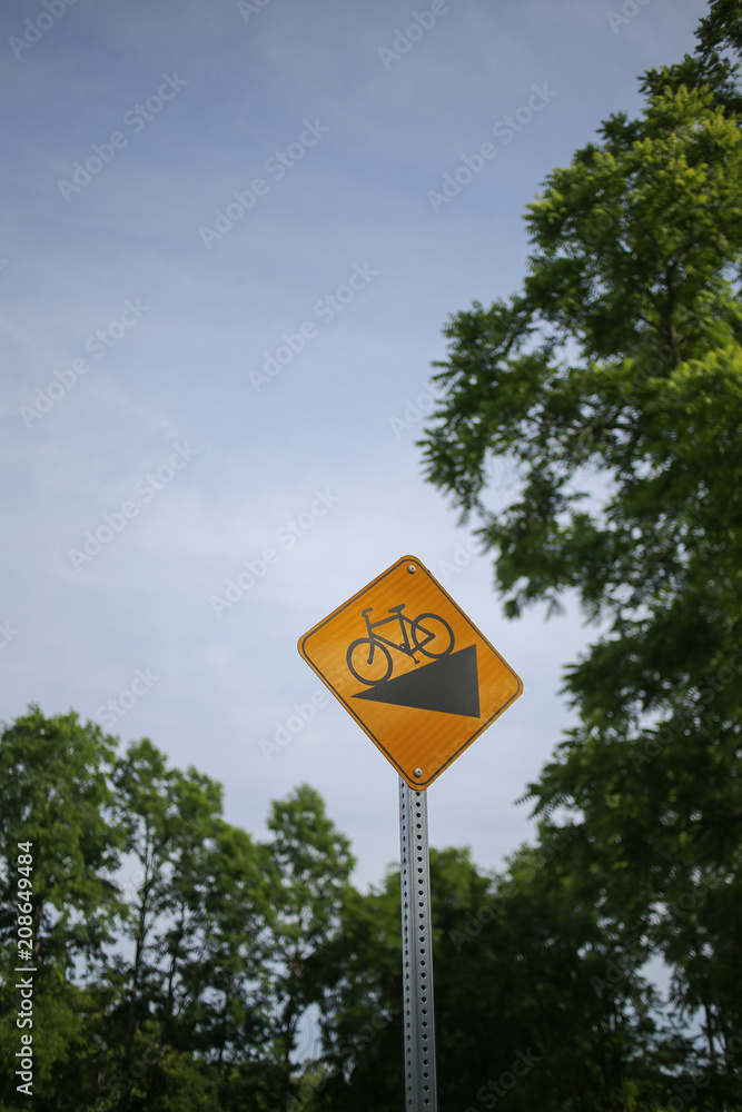 Yellow Downhill Bicycle Street Sign Isolated with Trees