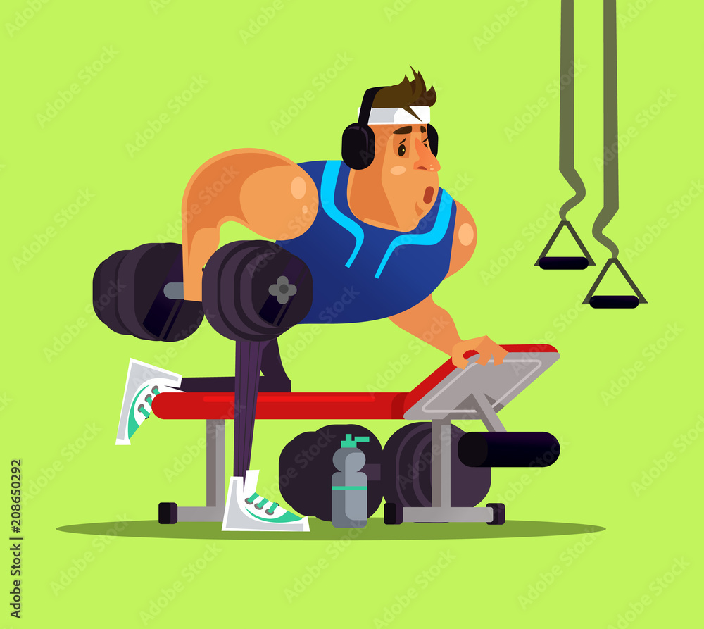 Strong big sport man doing workout exercise in gym. Healthy lifestyle concept flat cartoon design graphic isolated illustration