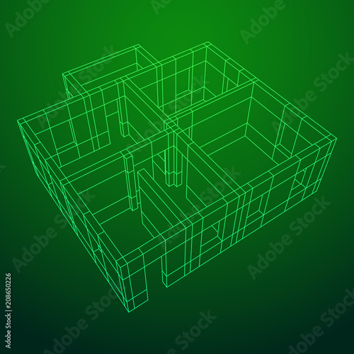 Abstract architecture building. Plan of modern house. Wireframe low poly mesh construction.