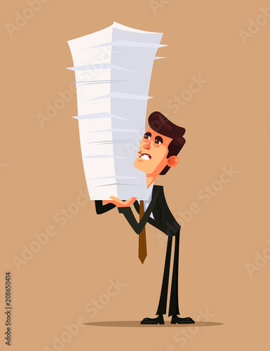 Unhappy office worker businessman character holding big heap pile stock paper document work. Hard work concept flat cartoon design graphic isolated illustration