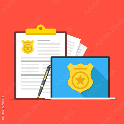 Police database. Laptop with police badge on screen, pen and clipboard with police report. Flat design. Vector illustration