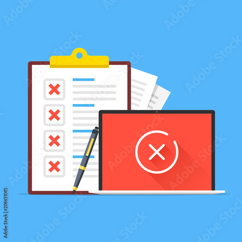 Checklist and laptop with cross icon on screen. Clipboard with red x marks, pen and notebook with cross symbol line icon. Modern concept. Flat design. Vector illustration