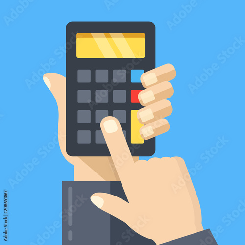 Calculation. Hand holding calculator, finger touching button. Modern concept. Flat design. Vector illustration