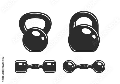 set of Dumbbells and kettlebells. Monochrome style. isolated on white background