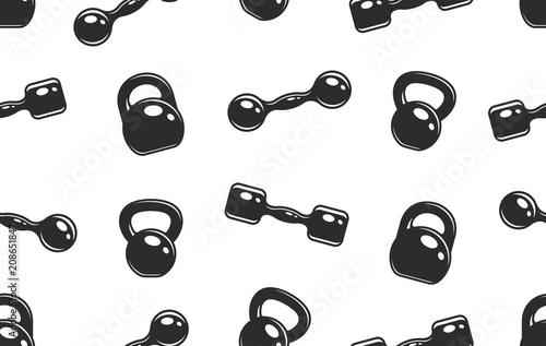Seamless pattern with Dumbbells and kettlebells. Monochrome style. isolated on white background