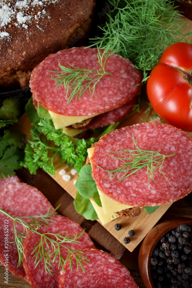 Sandwiches with salami, cheese and arugula salad surrounded by the ingredients Sandwiches with salami, cheese and arugula salad surrounded by the ingredients