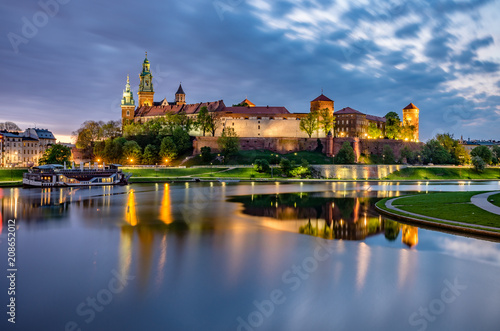Wawel Castle in Krakow, Poland, seen from the Vistula boulevards in the morning photo
