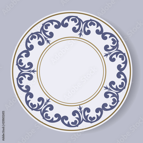 Decorative plate with a circular pattern. Blue background. Vector illustration.