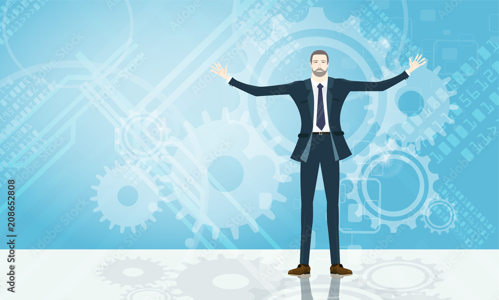Business man with open wide arms against of background with gears. Successful business concept Business man with open wide arms against of background with gears. Successful business concept