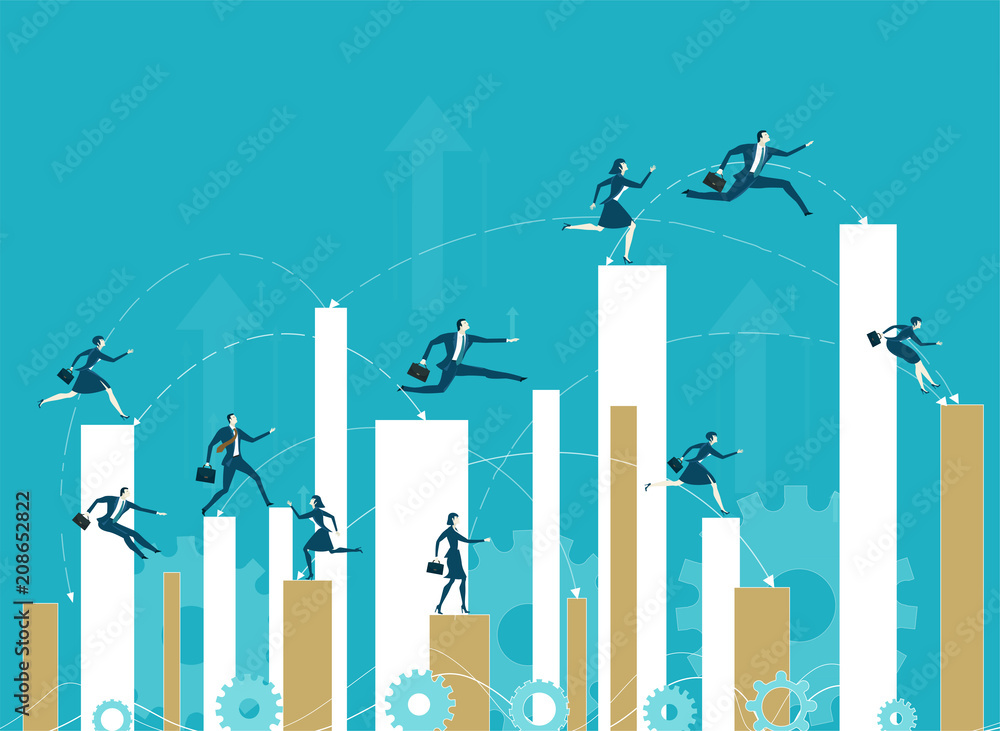 Business people running up to the growth charts. Professional competition and success in the career. 