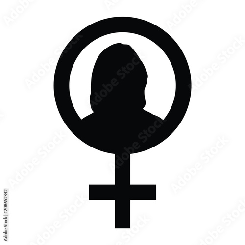 A black and white silhouette of female symbol with a woman inside
