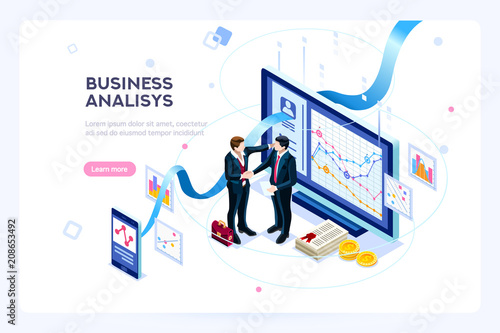 Investment and virtual finance. Communication and contemporary marketing. Future and office devices working on investments. Infographic for web banner, hero images. Flat isometric vector illustration.