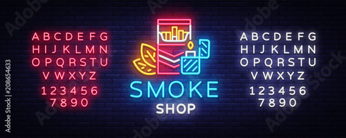 Smoke Store Logo Neon Vector. Cigarette shop neon sign, vector design template vector illustration on tobacco theme, bright night cigarette advertisement. Vector. Editing text neon sign