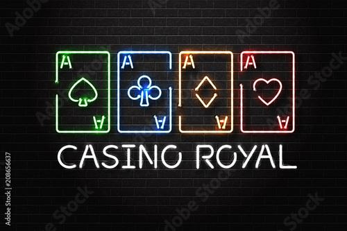Vector realistic isolated neon sign of Casino Royal logo with playing cards for decoration and covering on the wall background. Concept of casino winning, award ceremony and jackpot.