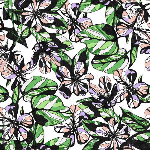 flowers seamless patern. Hand drawn ink illustration. Wallpaper or fabric design.