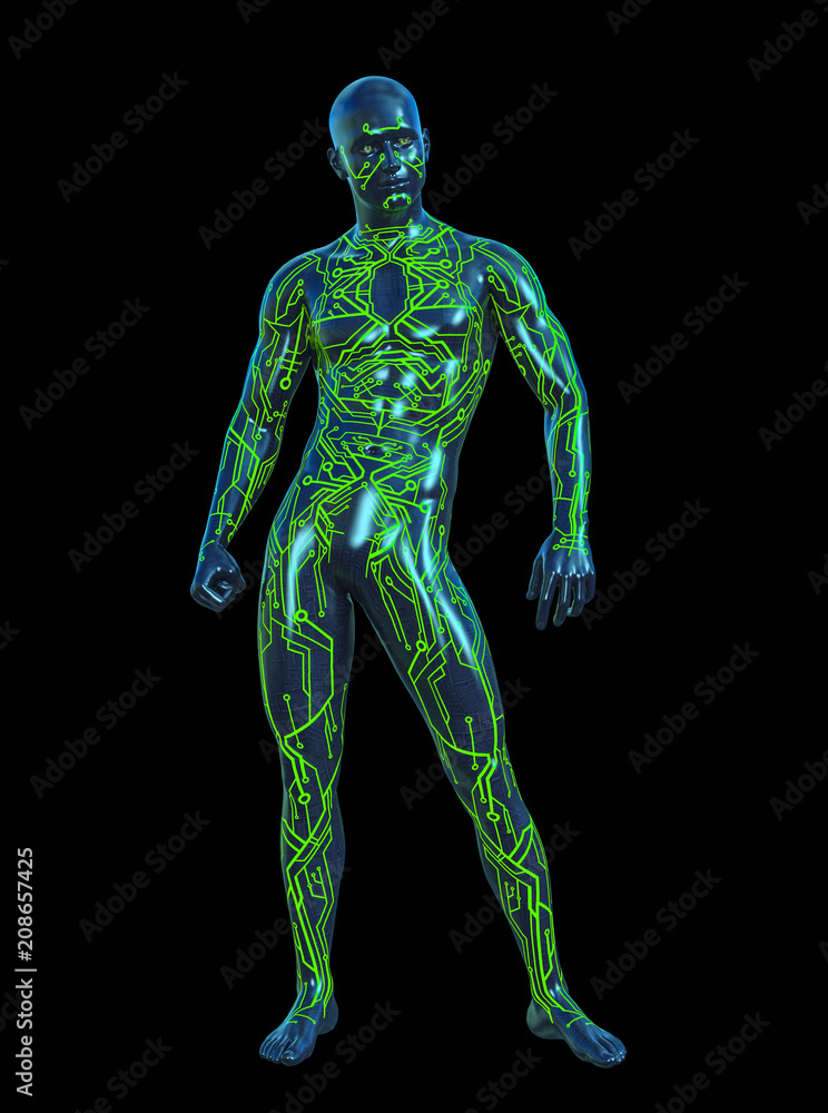 3D Illustration of Futuristic Electronic Circuit Male Cyborg on Black Chroma Key Background for Easy Editing 3D Illustration of Futuristic Electronic Circuit Male Cyborg on Black Chroma Key Background for Easy Editing