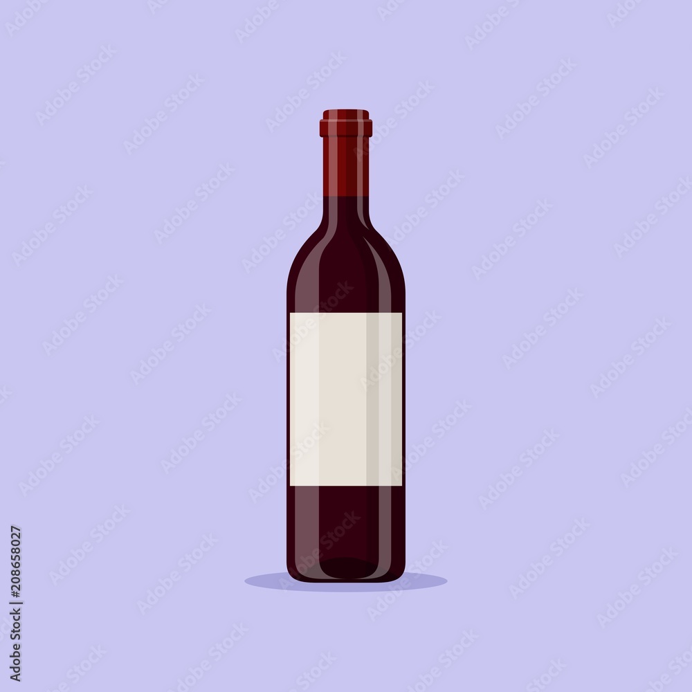 Obraz premium Vector illustration of a red wine bottle isolated on blue background. Alcoholic drink in flat cartoon style.