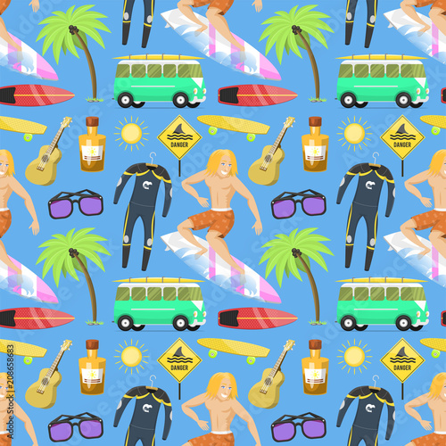Surfing active water sport seamless pattern background surfer summer time beach activities man windsurfing jet water wakeboarding kitesurfing vector illustration.