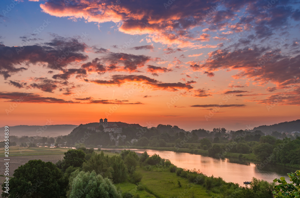 Beautiful colorful sunrise landscape, Tyniec near Krakow, Poland