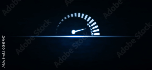 Speedometer with value word on blue light. Business concept