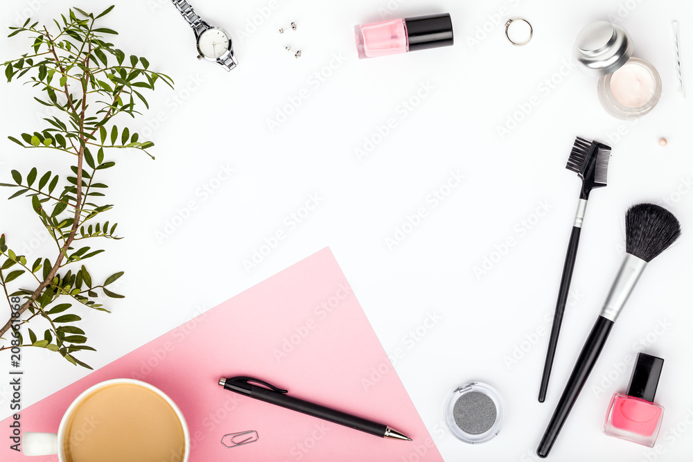 beauty and fashion blog or online shop concept. decorative cosmetics, makeup  tools, accessory and coffee mug on white background with copy space for  text. flat lay frame composition, top view Stock Photo |
