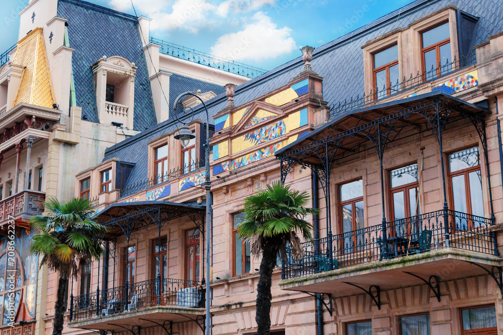 Naklejka premium Details of beautiful city architecture 19th, 20th century - exterior facade building of the former national bank Batumi, Georgia.