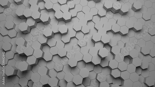 Gray hexagons on a surface as a texture as 3d rendering