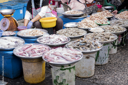 Fish, squid, shrimp, fresh seafood sold in the morning market, popular bought to cook kinds is good for health, Songkhla province country Thailand