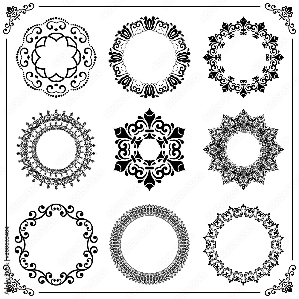 Vintage set of round elements. Different elements for decoration and design frames, cards, menus, backgrounds and monograms. Classic black and white patterns. Set of vintage patterns