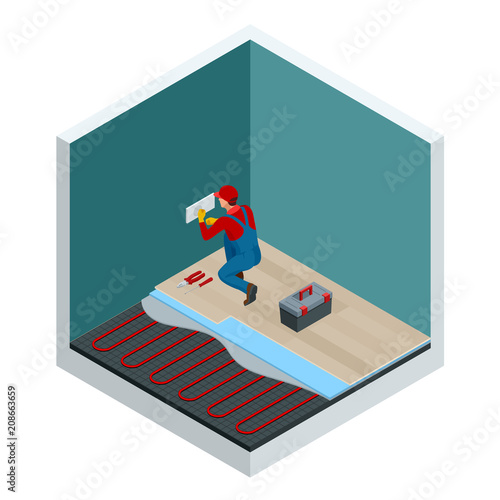 Isometric layers of infrared floor heating system under laminate floor concept. Home repair isometric template. Underfloor heating vector illustration.