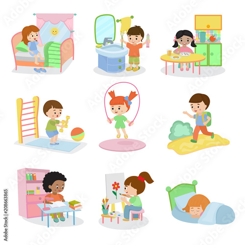 Canvas Print Kids everyday activities set children daily activity routine in childhood charac