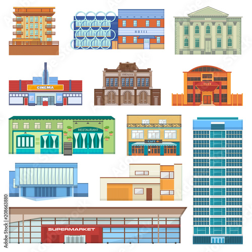 Building facade of cityscape with skyscrapers vector newbuild mall and business officebuilding or apartments architectural city bank, cinema, club, restaurant and cafe, theater, hotel illustration
