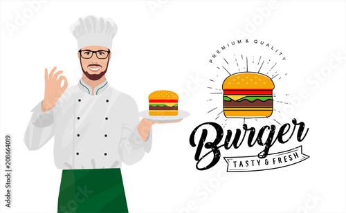 The chief cook offers to taste delicious gambourer, vector illustration of a chef's man with a sandwich, painted poster with a logo