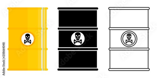 Industry concept. Set of barrels for radioactive, toxic, hazardous, dangerous, explosive, flammable and poisonous substances and liquids isolated in flat style: colored, black silhouette and contour
